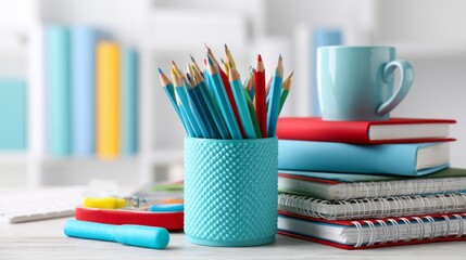 Fototapeta premium Colorful stationery setup with pencils, cups, notebooks, and stationery on a workspace to inspire creativity and organization in study or office environments