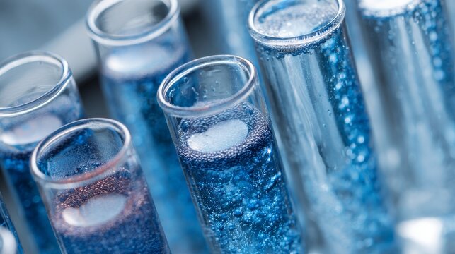 Blue liquid in laboratory test tubes for scientific research, chemistry experiment, biotechnology analysis, pharmaceutical testing, medical laboratory diagnostics, chemical solution, clinical research
