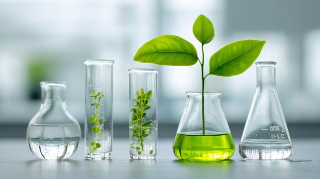 Green leaf plant beside laboratory glass flask and vial in biotechnology research setting, sustainable plant science, botanical innovation, eco friendly scientific experiment, natural chemistry labora