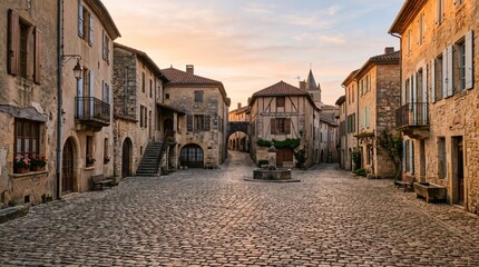 Obraz premium Charming European Village Street with Cobblestones and Old Buildings at Sunset end of year vacation