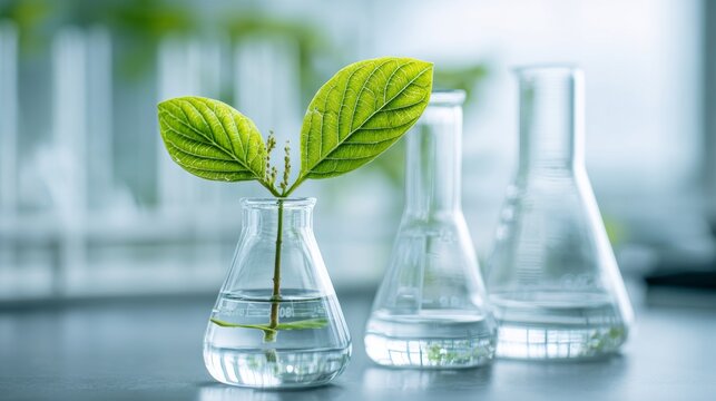 Green leaf plant beside laboratory glass flask and vial in biotechnology research setting, sustainable plant science, botanical innovation, eco friendly scientific experiment, natural chemistry labora