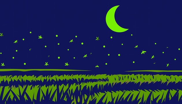 Whimsical night landscape illustration with glowing fireflies and crescent moon over grassy field