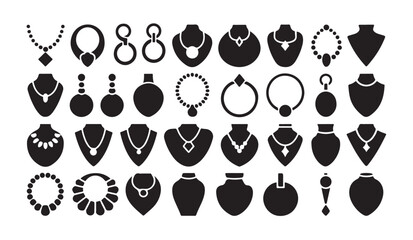 Jewelry collection vector illustration with various necklaces, earrings, and display stands in silhouette. © MDIKRAM
