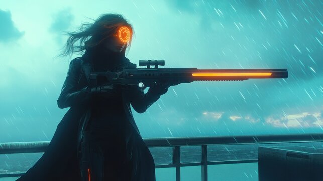Woman with futuristic eye holding weapon outdoors