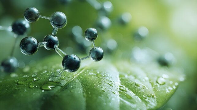 Molecular structure glowing on a fresh green leaf with morning dew, botanical science concept, nature inspired scientific research, blurred natural background with copy space for biotechnology, enviro