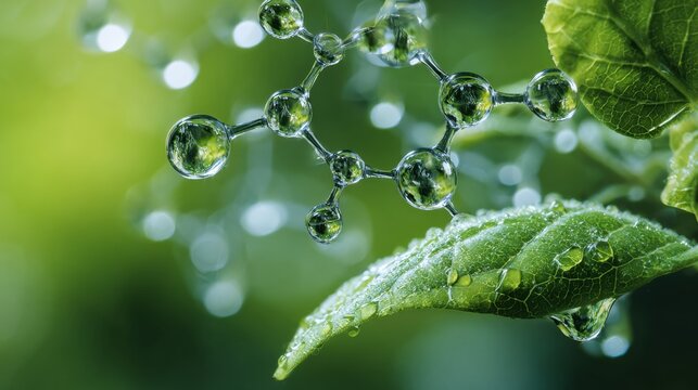Molecular structure glowing on fresh green leaf with morning dew, botanical science concept, biotechnology research, eco friendly innovation, natural laboratory discovery, blurred green background wit