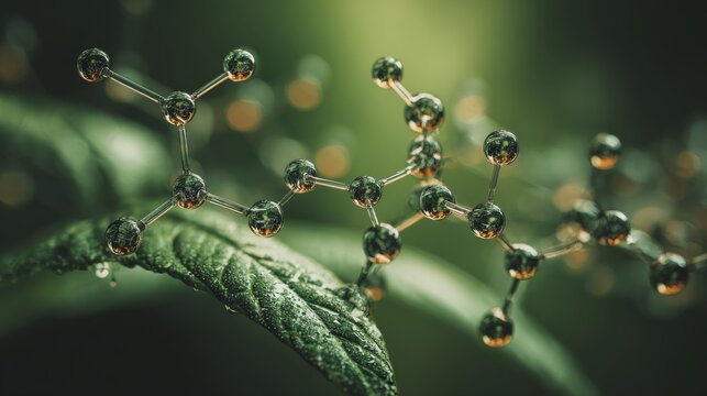 Molecular structure glowing on a fresh green leaf with morning dew, botanical science concept, nature inspired scientific research, blurred natural background with copy space for biotechnology, enviro