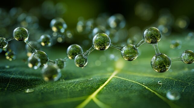 Molecular structure glowing on a fresh green leaf with morning dew, botanical science concept, nature inspired scientific research, blurred natural background with copy space for biotechnology, enviro