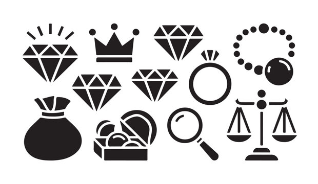 Set of luxury jewelry icons including diamond gems crown ring gold pouch and scales in solid flat black style.
