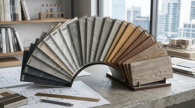 Ceramic tile samples display. Stone flooring swatches for interior design renovation.