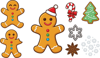 Naklejka premium Christmas gingerbread man vector set with santa hat candy cane tree cookie snowflake cutter and star anise elements.