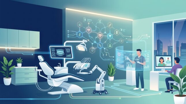 A dental office features advanced AI tools for gum disease prevention. Patients learn about oral health through smart technology and apps.
