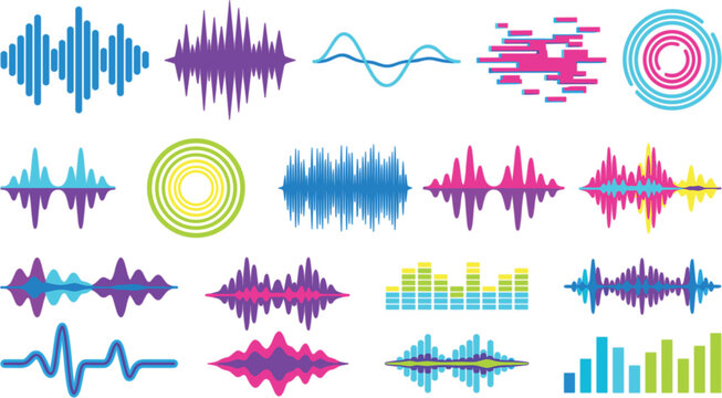 Audio wave vector set with colorful sound frequency equalizer digital signal music playback spectrum and radio voice track elements.