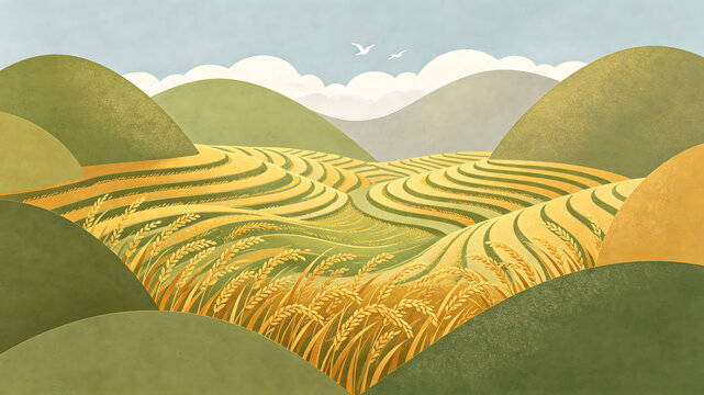 Beginning of Autumn terraced rice field illustration