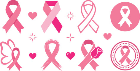 Pink ribbon vector icon set for breast cancer awareness month with heart rose butterfly wing and badge graphics. © Dulal creation 