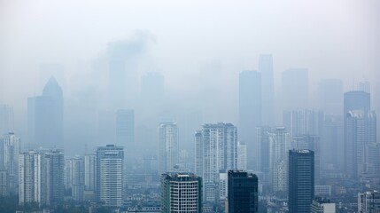 Obraz premium Foggy Urban Landscape Showcasing Tall Buildings and Skyscrapers in a Hazy Atmosphere Representing City Life and Modern Architecture