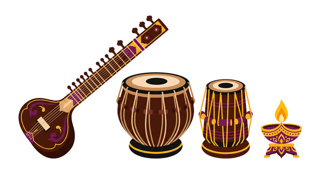 Traditional indian musical instruments sitar and tabla with diya lamp