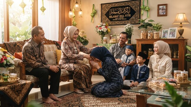 A warm multi-generational Indonesian family gathering in a living room, with a young woman performing the traditional sungkeman ritual (asking for forgiveness) to her parents during Hari Raya Idul Fit