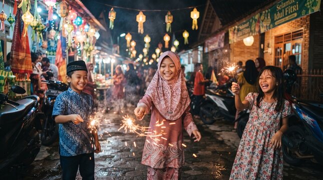 A group of joyful Southeast Asian Muslim children laughing and playing with glowing sparklers on a decorated village street at night during Hari Raya Idul Fitri celebrations