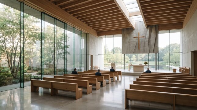A serene and contemporary minimalist church interior featuring clean wooden ceilings and pews, concrete walls, a simple wooden cross, and floor-to-ceiling glass windows overlooking a green courtyard