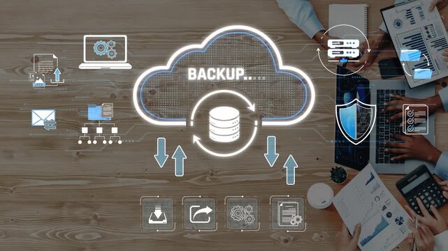 Cloud Backup Technology Concept for Data Security, Including Digital Devices and Storage Icons with Business Team Collaboration in Office Setting Sigmoid