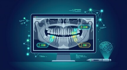 Fototapeta premium Smart dental tools analyze gum health and dental X-rays to promote better oral care and link to overall health. Patients receive crucial data.