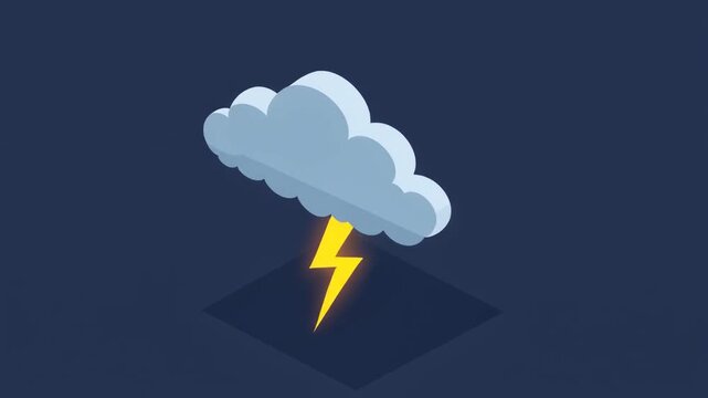 Isometric illustration of a storm cloud with a yellow lightning bolt striking, set against a dark blue background.
