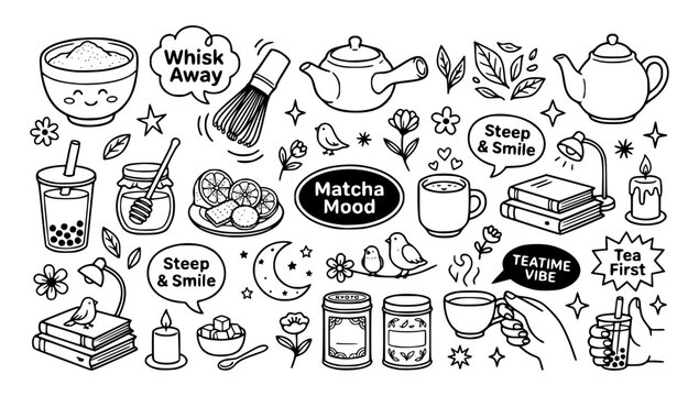 Cozy matcha and tea lover doodle collection. Minimalist line art vectors of green tea bowls, classic bamboo whisks, teapots, bubble tea cups, honey jars, fresh leaves, and cute phrase text.