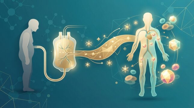 A visual shows a human figure linked to a bag, highlighting transfusion researchs role in health and longevity.