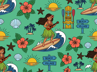 Hawaiian Tropical Seamless Pattern with Surfing Hula Girl, Hibiscus, and Tiki © Anang