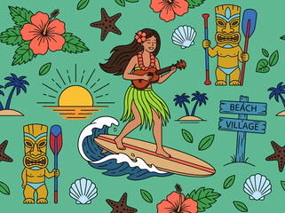 Hawaiian Seamless Pattern with Surfing Hula Girl, Tiki Statues, and Tropical Beach Elements © Anang