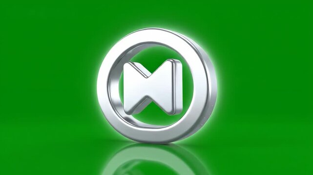 3D digital rewind button icon rotating and clicking on a bright green screen background for video editing