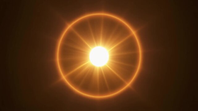 A vibrant, glowing orange-yellow circle with radiating light rays and a surrounding halo against a dark background, resembling a stylized sun or energy source.