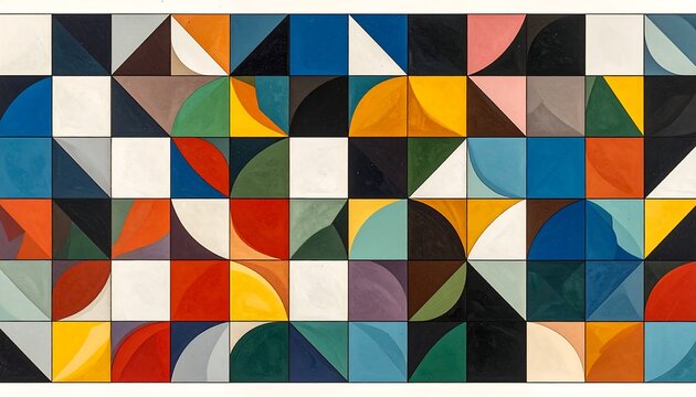Abstract geometric pattern with vibrant color blocks and shapes.