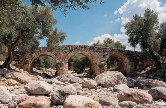 Ancient stone arch bridge in Greek olive grove landscape