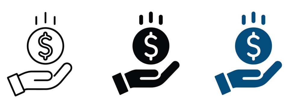 Receiving Money Icons, Hand Holding Coin for Payment, Salary, Income, and Financial Services, Vector, Designs