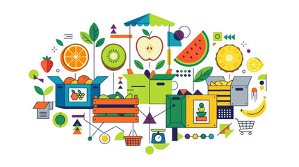 Naklejka premium A vibrant flat vector illustration depicts a variety of fresh fruits arranged in crates and boxes with geometric shapes on a white background.