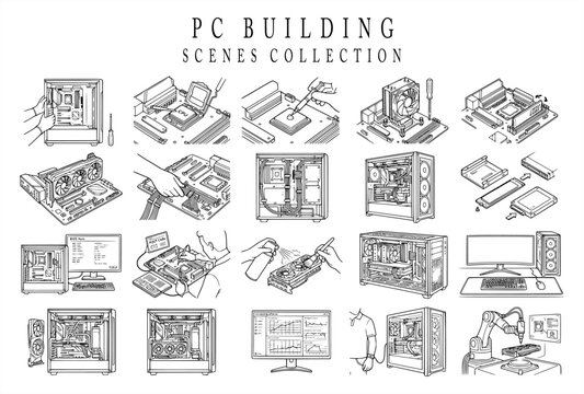 Detailed vector line art collection depicting PC building scenes, including processor installation, thermal paste application, RAM mounting, graphic card assembly, and hardware repair.