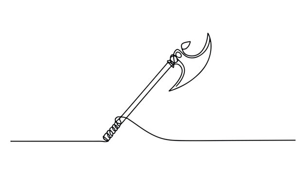 One continuous line illustration of an axe , isolated on white background.