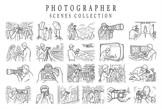 Comprehensive vector line art collection depicting photographer scenes, including photo studio setups, outdoor shooting, macro, wedding photography, telephoto lens, and image editing.