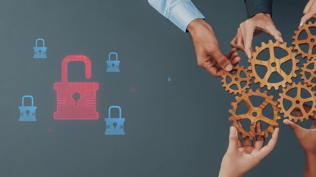 Two hands work together with gears to symbolize collaboration in cybersecurity, highlighting the significance of protecting digital information against threats. Raster