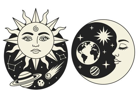 Celestial Sun and Moon Vintage Ornaments with Planets and Stars