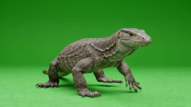 A large monitor lizard walking across a green screen background.