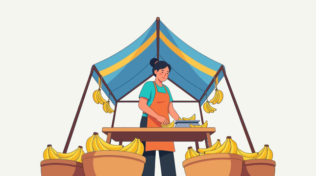 A flat vector illustration depicts a female street vendor wearing an apron standing behind a wooden stall selling fresh yellow bananas.
