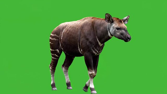 Full body shot of a majestic okapi standing isolated on a green screen.