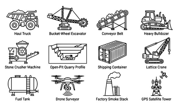 Surface mining industrial linear icon set with editable stroke quarry machinery vector