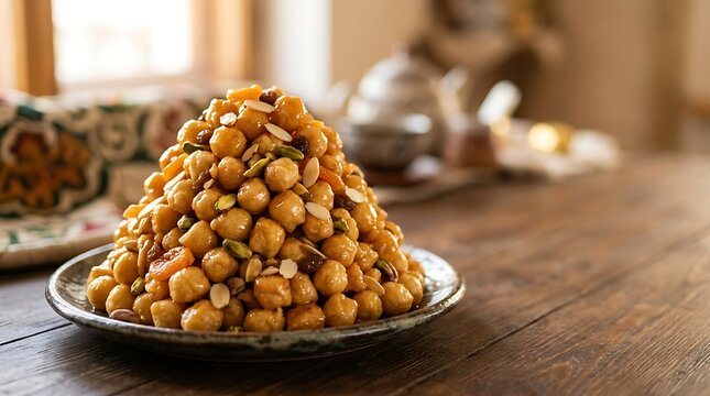 Traditional chak chak dessert with honey and nuts on a wooden table