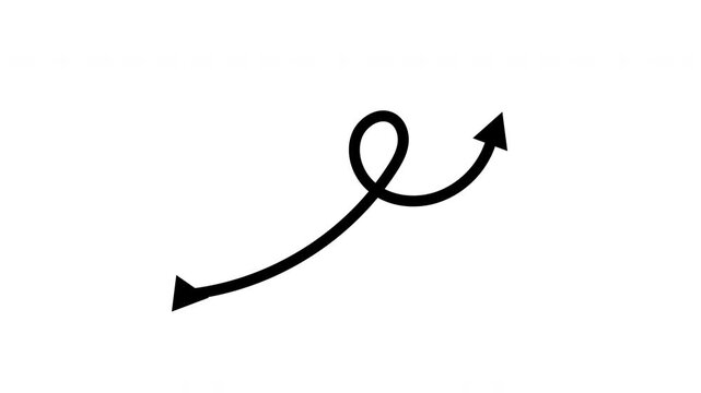 Animated black dotted arrow moving in a curved wavy path on white background with alpha channel.