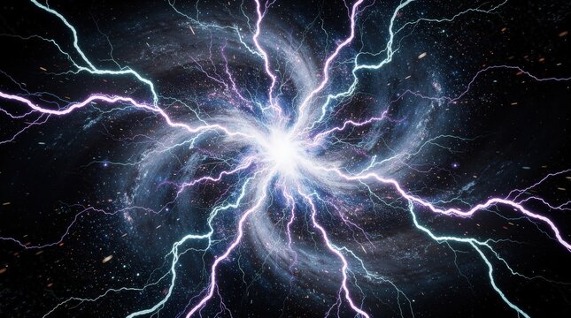 A vibrant, swirling cosmic display with bright lightning-like electrical arcs radiating from a central glowing core in a deep space setting.