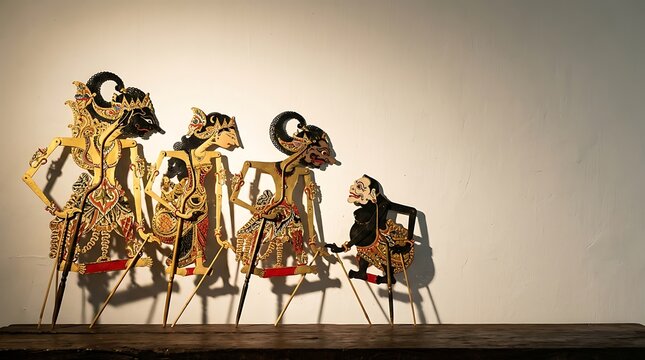 Traditional indonesian wayang kulit shadow puppets on a wooden base